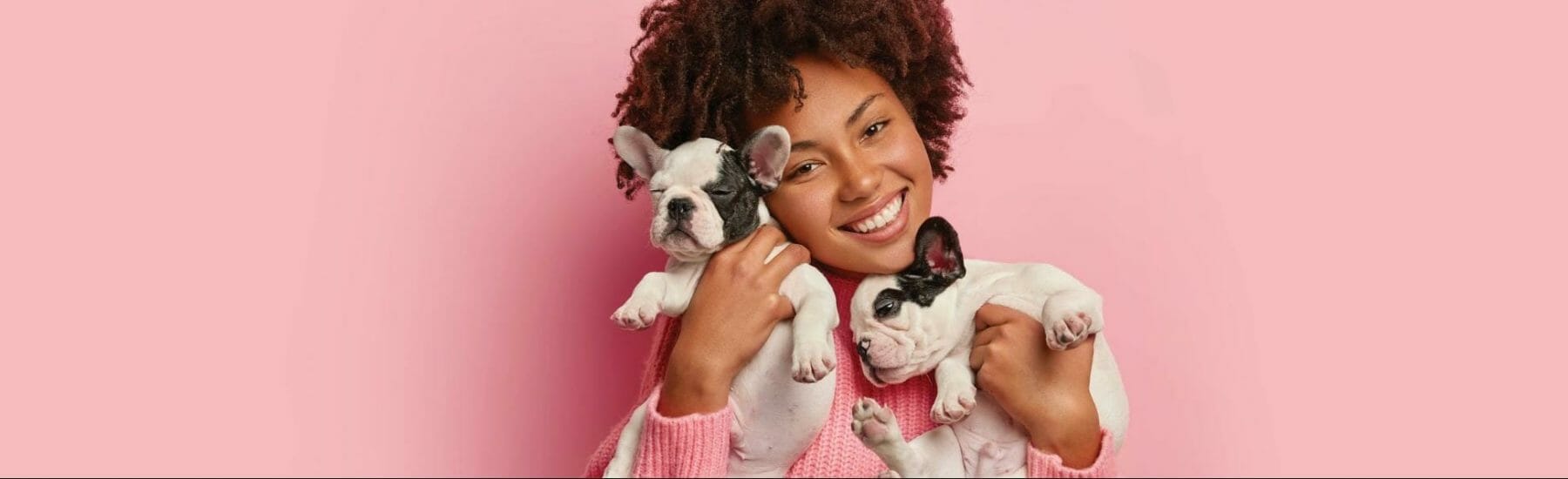 Woman holding two puppies against a pink background